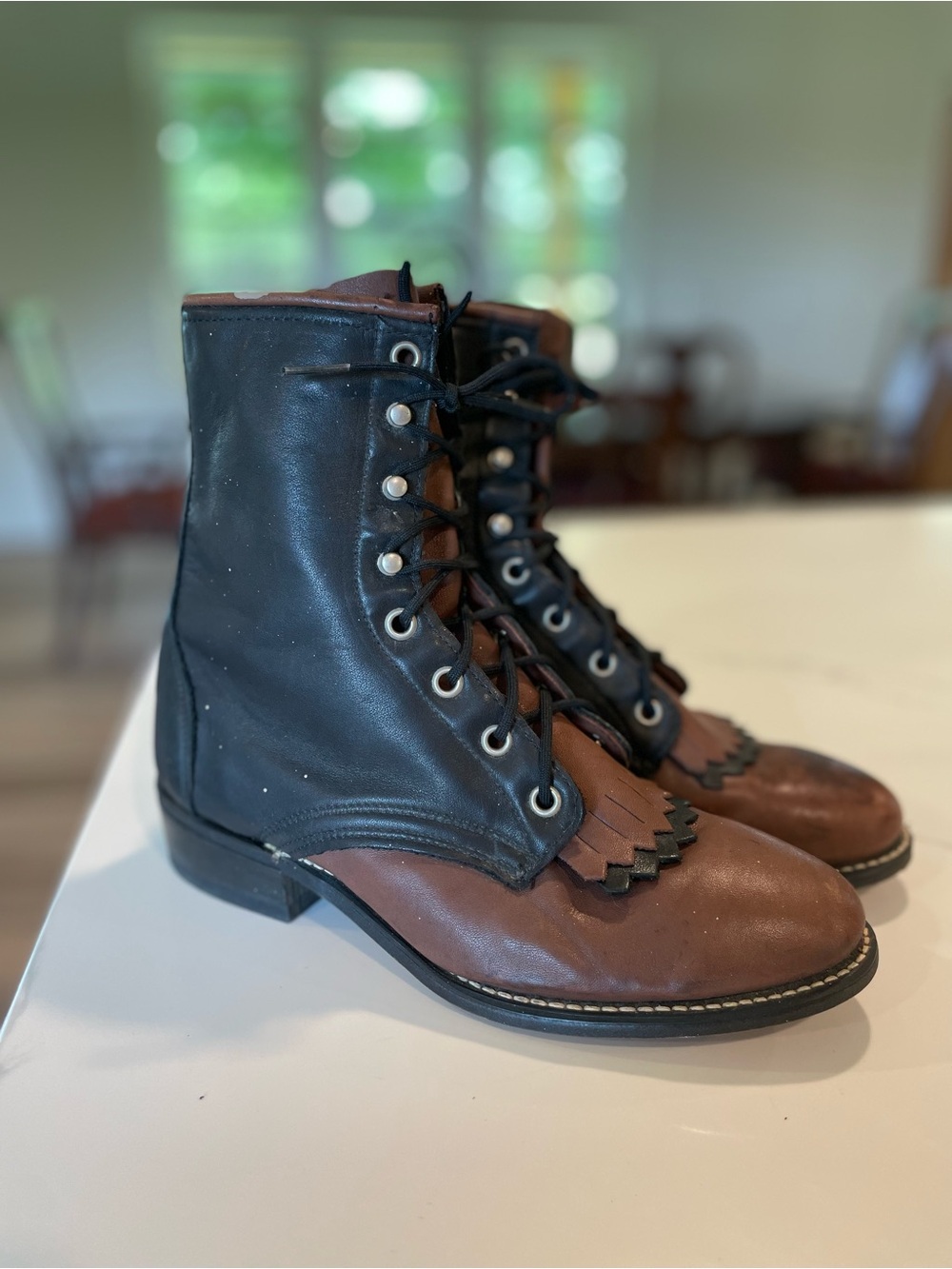 Rare Vintage Laredo Two Tone Leather Lace Up Roper Boots Workwear Western 
Sz 7
